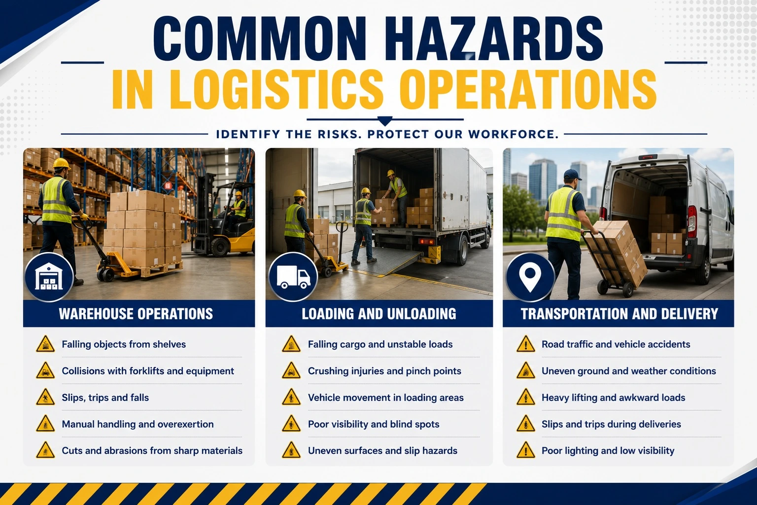 Warehouse workers in Singapore wearing safety shoes, gloves, high-visibility vests, and helmets while handling logistics operations.